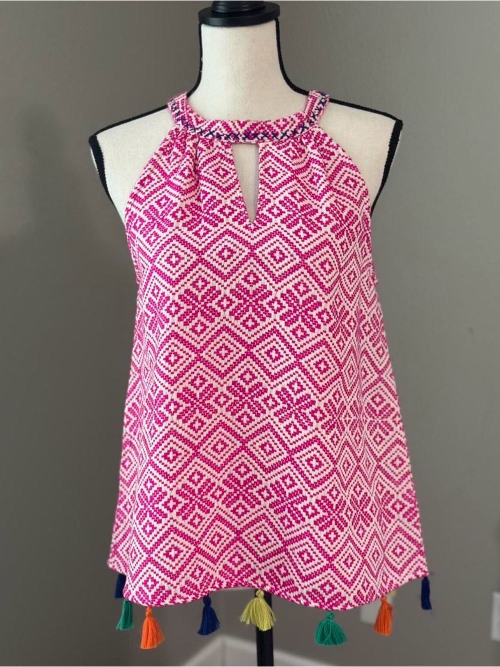 THML Pink Geometric Halter Camisole with Multicolor Tassels